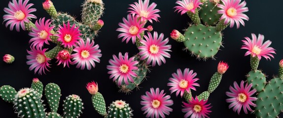 Poster - Vibrant Pink Cactus Flowers Against Dark Background Ideal for Text Overlay and Nature Themes