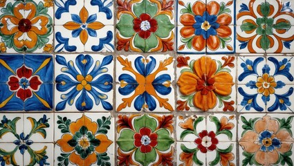 Poster - Traditional Portuguese Azulejos Tiles in Vibrant Colors Showcasing Intricate Patterns and Decorative Artistry in a Close-Up View