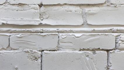 Poster - White brick wall with uneven plaster texture and visible repair lines in a close-up view