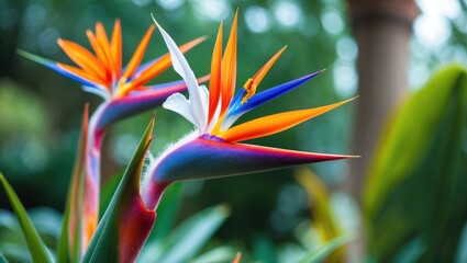 Poster - Vibrant bird of paradise flowers in full bloom surrounded by lush greenery in a serene botanical garden setting.