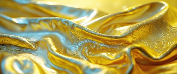 Poster - Golden satin fabric draped in elegant folds with intricate patterns reflecting light in a soft shimmering surface.