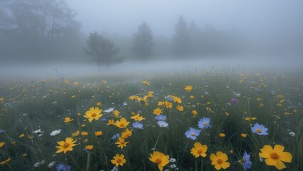 Wall Mural - Foggy meadow landscape with wildflowers and trees in the background during early morning light