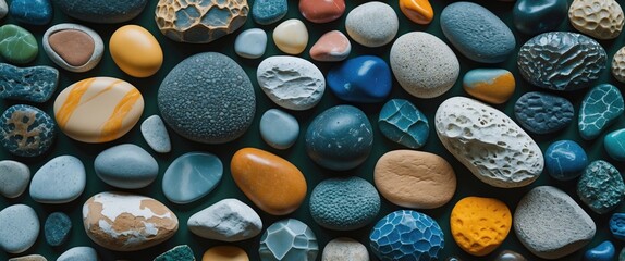 Poster - Assorted colorful pebbles background showcasing diverse shapes and textures ideal for nature-inspired designs and earthy aesthetics.