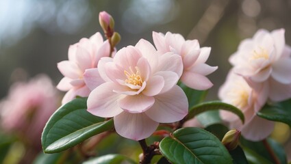Poster - Delicate pale pink camellia flowers surrounded by lush green leaves with a soft blurred background and ample copy space for text.