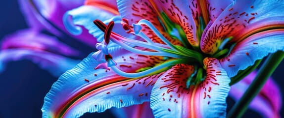 Poster - Vibrant close-up of a colorful lily flower featuring intricate petal details and vivid hues against a dark background.