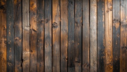 Poster - Textured wooden wall surface with varying shades and patterns perfect for background or decorative elements in design projects.