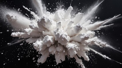 Poster - White powder explosion on a black background creating a dynamic and dramatic visual effect with texture and contrast