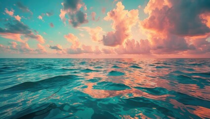 Poster - Vibrant ocean surface reflecting colors of sunset with clouds in a clear sky over calm water body