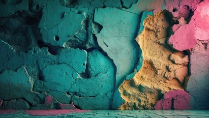 Poster - Colorful vintage cement wall texture with vibrant hues and unique patterns creating an artistic backdrop for various design projects.