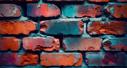 Poster - Colorful textured brick wall with patches of paint in orange, blue, and gray tones, showcasing the weathered surface and uneven bricks.