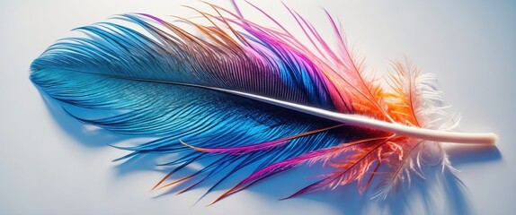Poster - vibrant colorful feather on soft white background showcasing intricate details and beauty of nature's artistry
