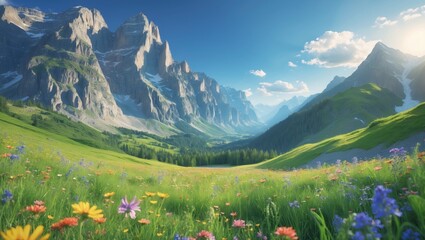 Poster - Scenic Mountain Landscape Surrounded by Colorful Meadows and Wildflowers with Clear Sky Ideal for Text Integration