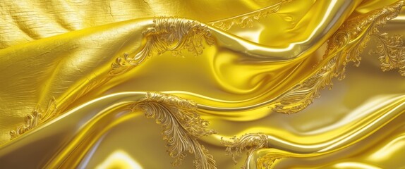Poster - Golden silk fabric with intricate patterns draped elegantly in soft waves reflecting light and texture designed for luxury backgrounds.