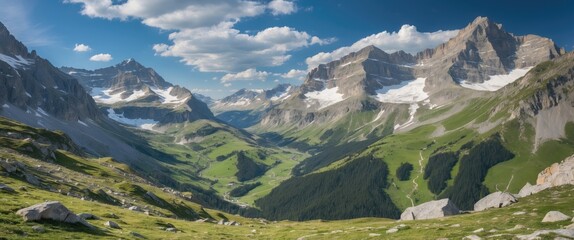 Wall Mural - Stunning Alpine Valley with Lush Green Mountains and Clear Blue Sky under Bright Sunshine in Scenic Landscape