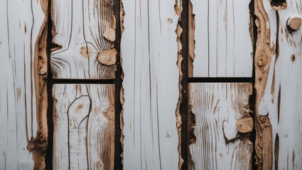 Poster - Textured wooden background with natural wood grain and bark highlights on light-colored wooden planks