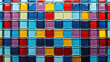 Poster - Colorful mosaic of glass tiles arranged in squares creating a vibrant background decoration for artistic and design purposes.