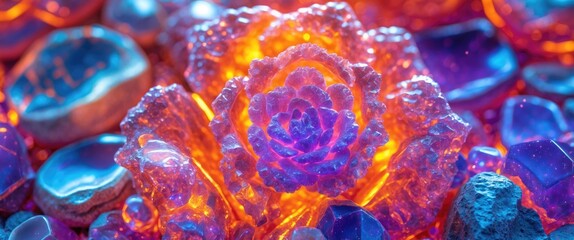 Poster - Vibrant close-up of colorful crystal stone texture showcasing intricate patterns and luminous hues for artistic backgrounds and designs.