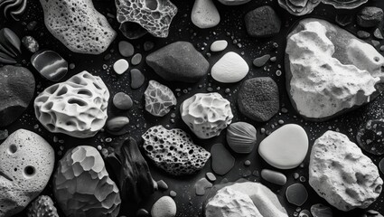 Fototapete - Black and white abstract composition showcasing diverse sea stone textures highlighting natural shapes and patterns in monochrome tones