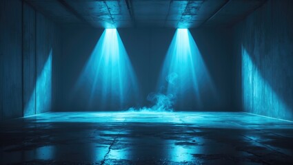 Poster - Empty dark room with neon blue light rays reflecting on wet concrete floor creating a moody atmosphere enhanced by smoke.