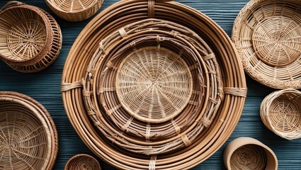 Poster - Collection of woven wicker baskets in various sizes and shapes arranged on a textured background in natural colors
