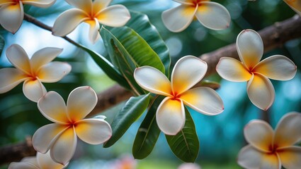 Poster - Frangipani Flower Background With Lush Green Leaves And Soft Focus Ideal For Text Overlay And Decorative Designs