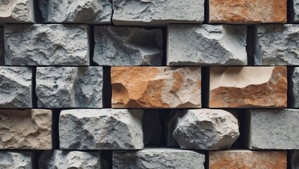 Poster - Textured close-up of gray and orange stone bricks arranged in a wall pattern for architectural and construction backgrounds