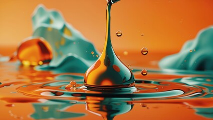 Poster - Liquid drop splashing into colorful water with abstract shapes in background creating vibrant texture and contrast in warm tones