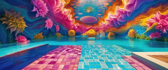 Poster - Vibrant and colorful patterns in an artistic swimming pool with floral decorations and stunning ceiling design.
