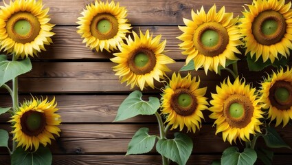 Poster - Sunflowers arranged on a wooden background showcasing their vibrant yellow petals and green leaves in natural light