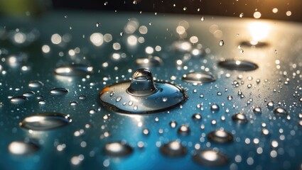 Poster - Close-up of shimmering water droplets on glass surface reflecting light in a vibrant artistic composition with blurred background details.