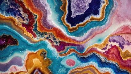 Poster - Abstract vibrant agate stone texture with colorful layers and patterns in blue, purple, orange, and gold hues.