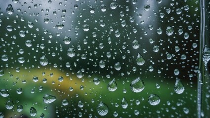Poster - Raindrops on window glass with blurred green natural background and yellow object in the distance, macro shot of water droplets.