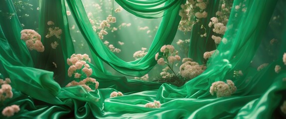 Poster - Lush green silk fabric with floating flowers in a serene setting illuminated by soft light beams