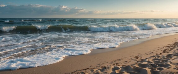 Poster - scenic beach view with gentle waves lapping on sandy shore under a serene sky at dusk, evoking tranq