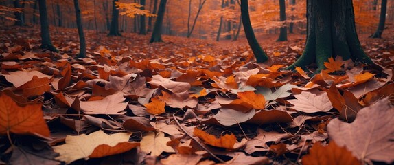 Poster - Autumn forest floor covered with orange and brown leaves trees in background colors of fall nature landscape scene