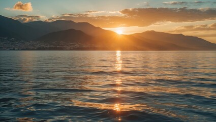 Poster - Golden Sunset Reflecting on Ocean Waves Behind Mountains Creating a Serene and Peaceful Scenic View in Nature's Embrace.