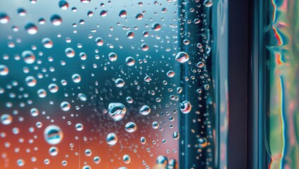 Poster - Close-up of water droplets on a glass window with a blurred outdoor background creating a soft bokeh effect