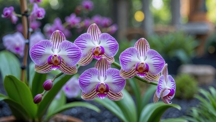 Poster - Orchids in vibrant bloom showcasing intricate patterns and colors in a lush garden setting, perfect for floral-themed designs or nature projects.