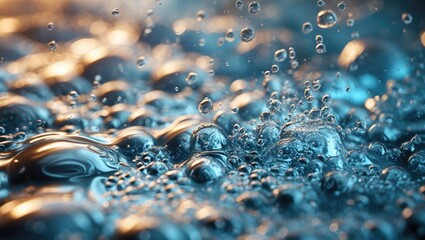 Poster - close-up of water droplets and bubbles on a surface with reflections in various shades of blue and o