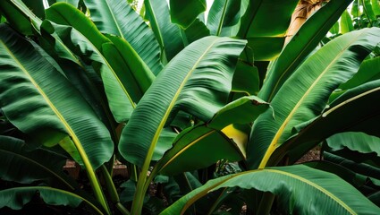 Poster - Lush banana leaf texture creating a vibrant tropical background with rich green hues and natural patterns for design use.