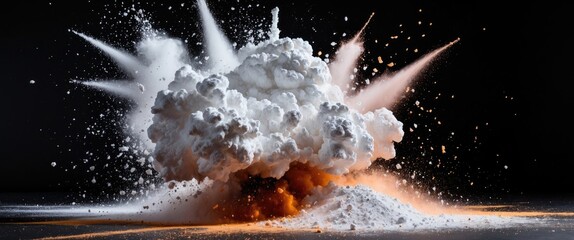 Poster - Explosive cloud of white powder and colored particles against dark background creating dynamic motion effect