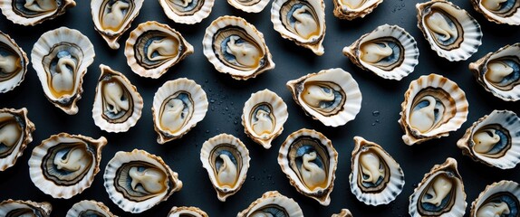 Poster - Artistic arrangement of empty oyster shells arranged on a dark background ideal for creative projects and culinary presentations.