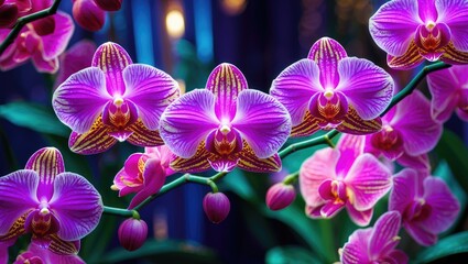 Poster - Vibrant pink orchid flowers with intricate details showcasing floral beauty and elegance in a serene garden setting.