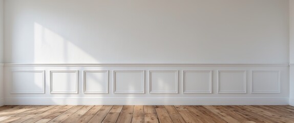 Poster - Interior view of empty room with white walls and wooden floor featuring decorative paneling under soft natural light.