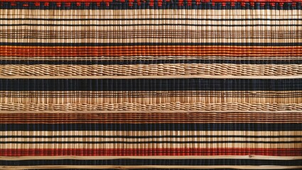 Poster - Textile pattern with woven strips in earthy tones of brown, red, and black showcasing traditional craftsmanship and intricate design