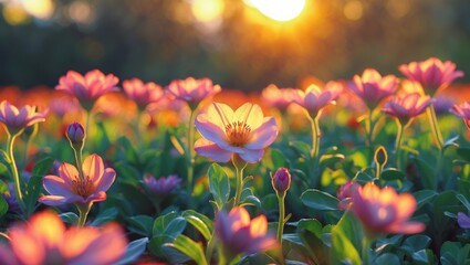 Poster - Closeup of vibrant flowers illuminated by sunrise creating a serene summer landscape perfect for nature-themed designs and backgrounds.
