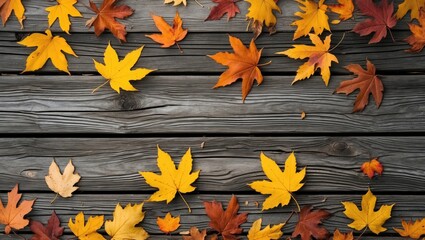Poster - Autumn leaves in vibrant colors scattered on weathered wooden background