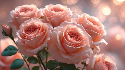 Poster - Elegant peach roses in close-up with soft bokeh background showcasing delicate petals and natural beauty for floral themes