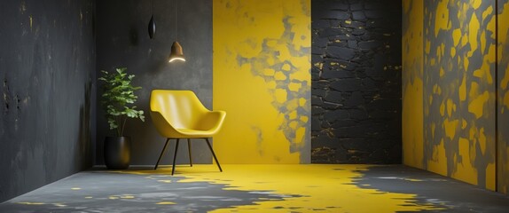 Poster - Vibrant interior design with yellow and black walls featuring modern decor and a stylish chair in a contemporary living space.