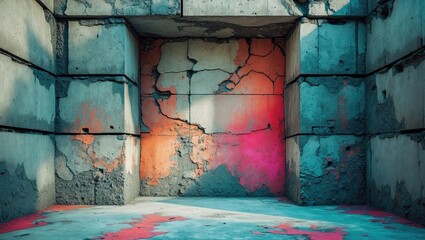 Poster - Concrete wall with cracked surface and vibrant paint in urban setting, abstract texture and color patterns on weathered structure